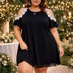 AOFUR Black Chiffon Dress White Lace Cold Shoulder Sheer Sleeve Plus 4XL 4X NWT